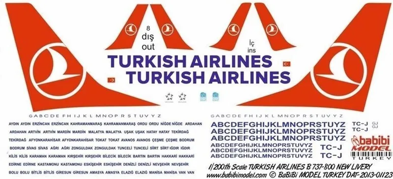Babibi DAT01123 1/200 Thy, Boeing 737-800, Yeni Şema, Dekal Çıkartma