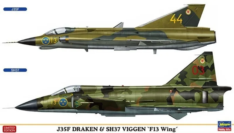 Hasegawa 02281 1/72 Ölçek J35F Draken ve SH37 Viggen F13 Wing (Two kits in the box) Savaş Uçağı Plastik Model Kiti