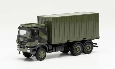 Herpa 746793 1/87 Ölçek Iveco Trakker 20 lik Konteyner Taşıyan Kamyon, Kamuflaj, Sergilemeye Hazır Model Araç