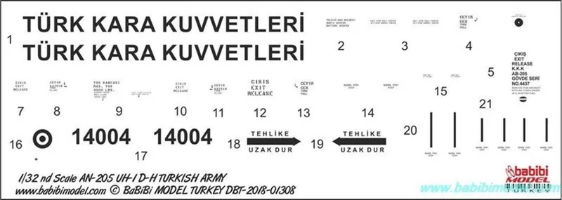 Babibi DBT01308 1/32 UH-1, Kara Kuvvetleri, Dekal Çıkartma