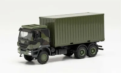 Herpa 746793 1/87 Ölçek Iveco Trakker 20 lik Konteyner Taşıyan Kamyon, Kamuflaj, Sergilemeye Hazır Model Araç